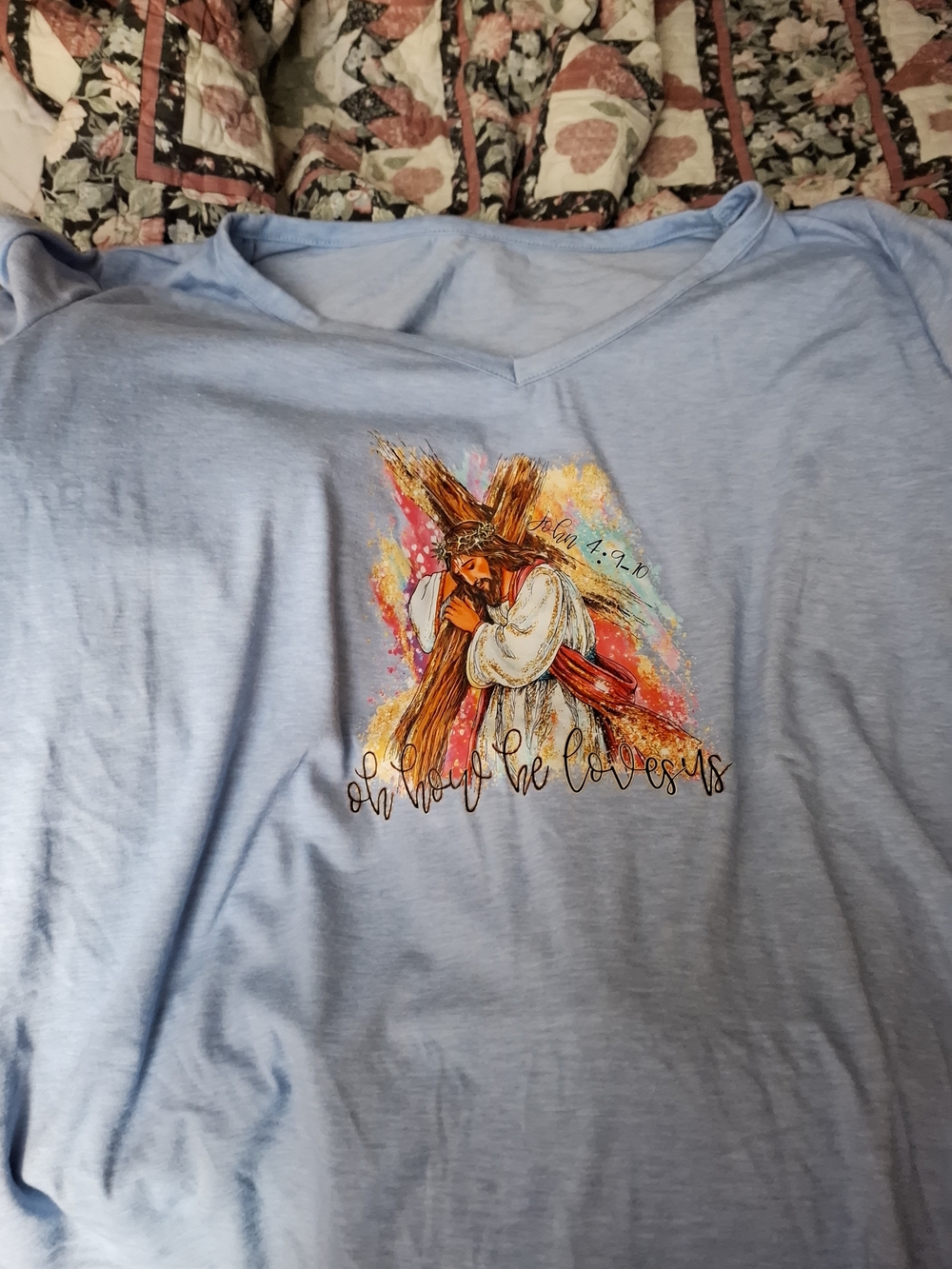 Light Blue Kids' V-Neck Tee with Jesus Graphic